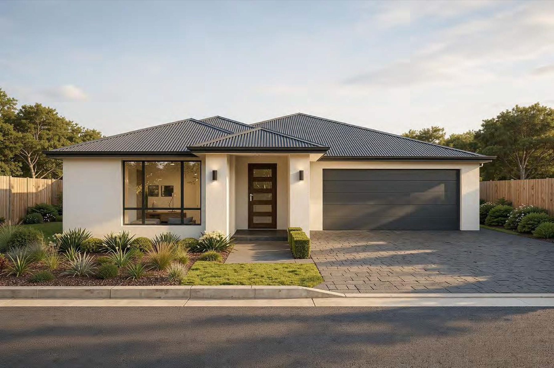 Front elevation of a completed dual-key home with garage and landscaped garden