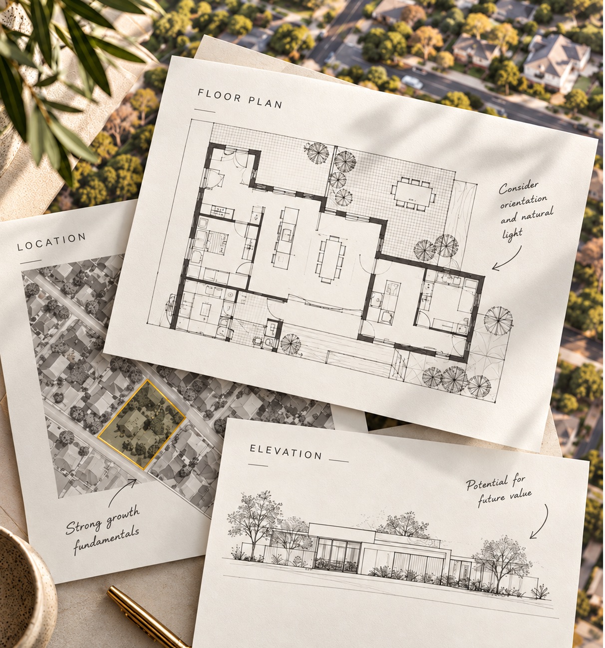 Floor plan, location and elevation drawings laid out over an aerial view